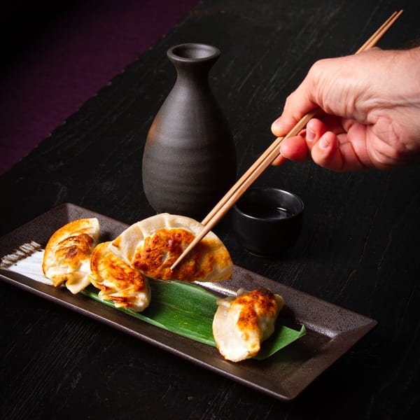 A hand uses chopsticks to pick up a golden-brown gyoza from a plate with a sake bottle.